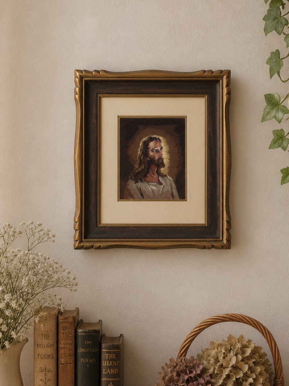 Vintage Needlepoint Jesus Portrait Religious Wall Art 9.5x10.5 Ornate Gold Frame